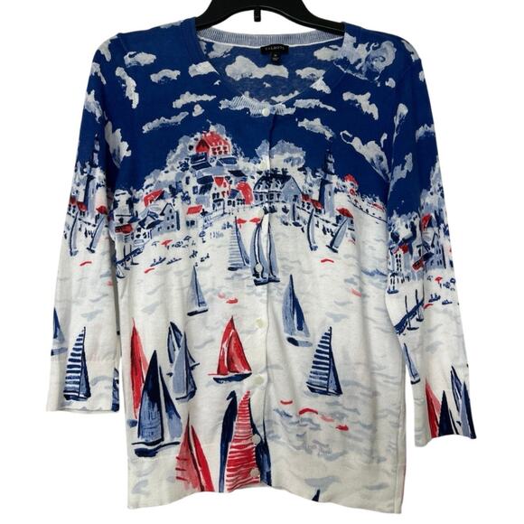 Talbots Nautical Sailboat Regatta Cotton Cardigan Sweater Novelty Resort M - Picture 1 of 9